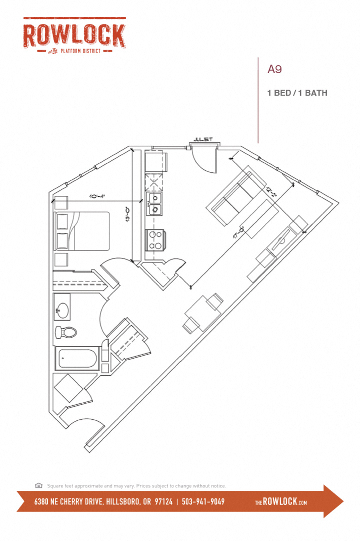 Floor plan for 1 bed, 1 bath, 699 sqft